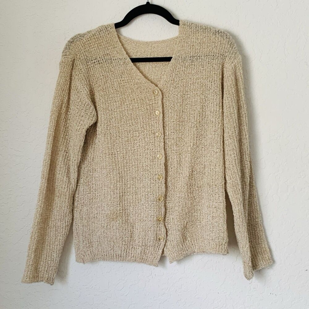 Vintage Open Knit Cardigan Womens M Beige V-Neck Button Front Coastal Minimalist